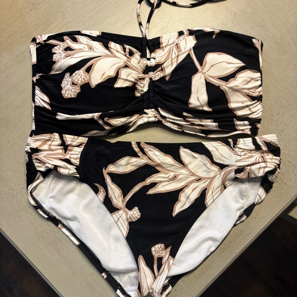 Soma Black Bikini Top with Pale Pink Floral Print